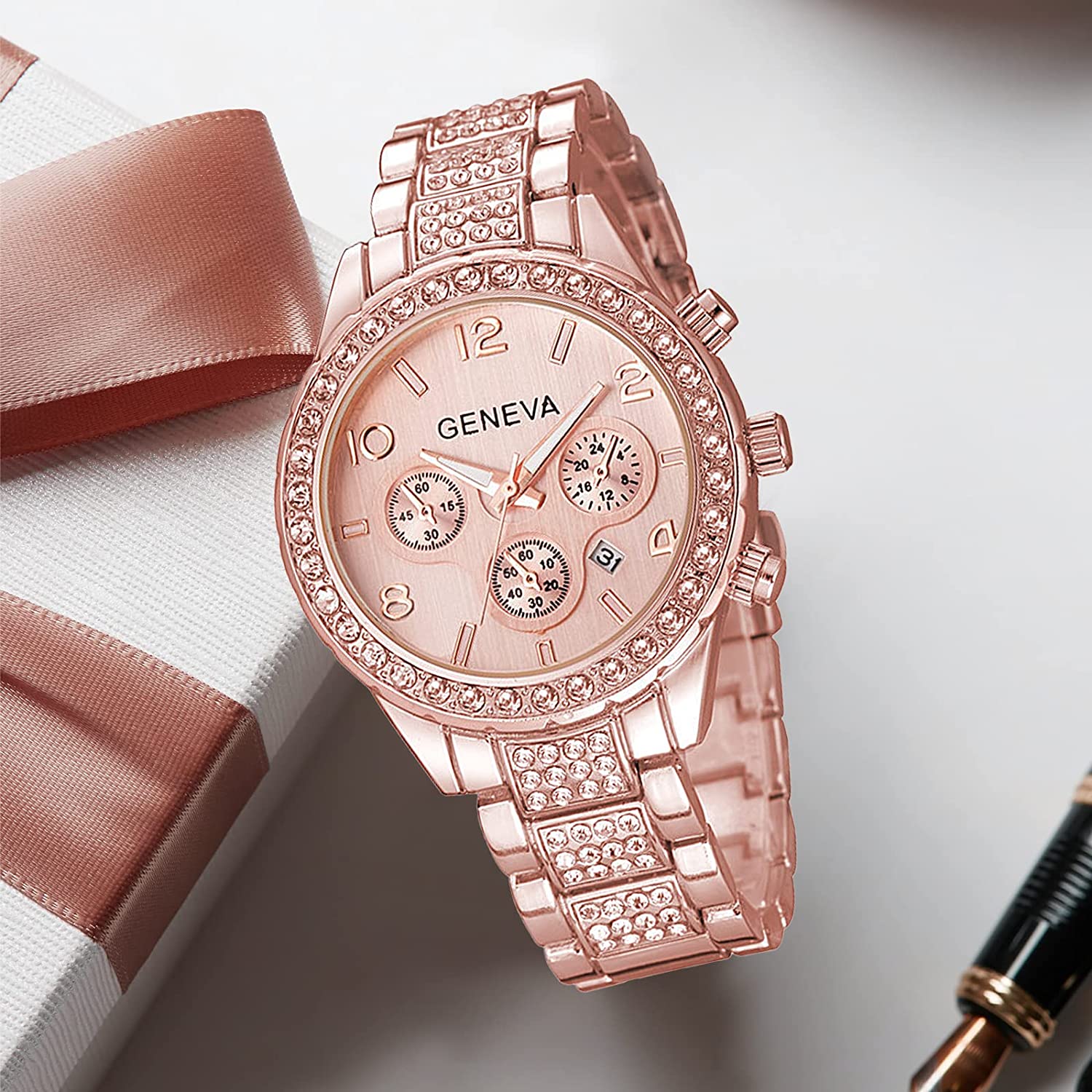 Gosasa Luxury Unisex Crystal Diamond Watches Quartz Digital Calendar Rose Gold Silver Stainless Steel Watch - Image 4